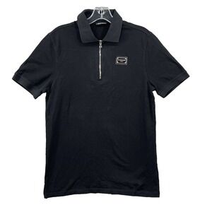 Balmain Paris Polo Tee-Shirt Men's Small Black Cotton Logo 1/4 Zip Sports Preppy